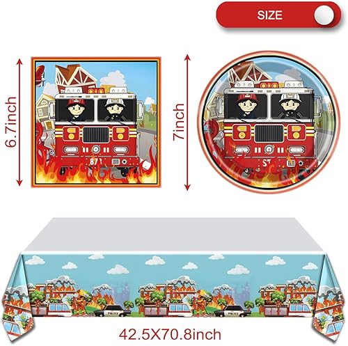 Miniatura 2 de Vajilla de fiesta de camión de bomberos, 20 platos y 20 servilletas y manteles de 71 x 42 pulgadas, suministros desechables para fiesta de