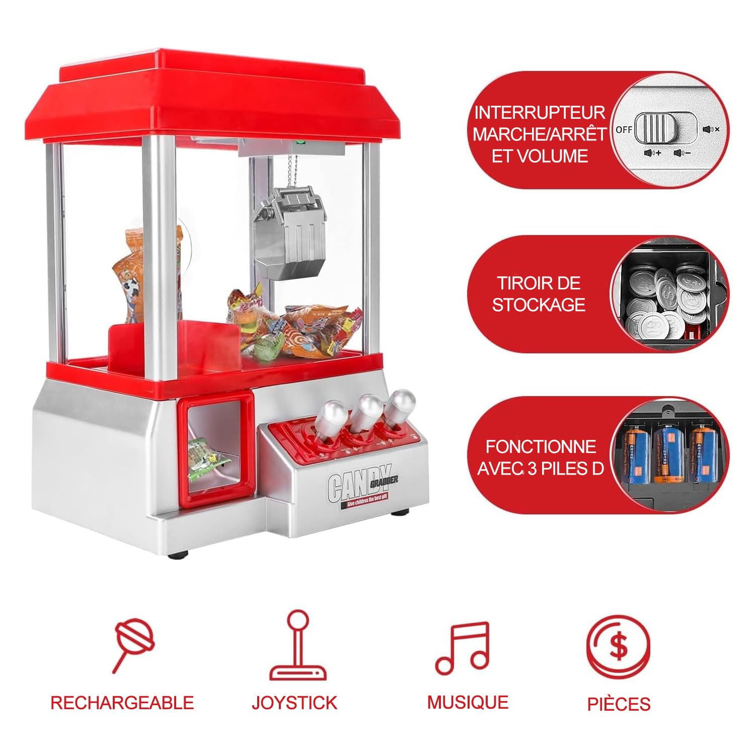 KingSaid Distributeur Bonbon – Machine à Bonbons Candy Grabber Mini Coin Pusher Musical avec 20 Jetons – Jouet Arcade à Piles pour Bonbons et Petits Jouets