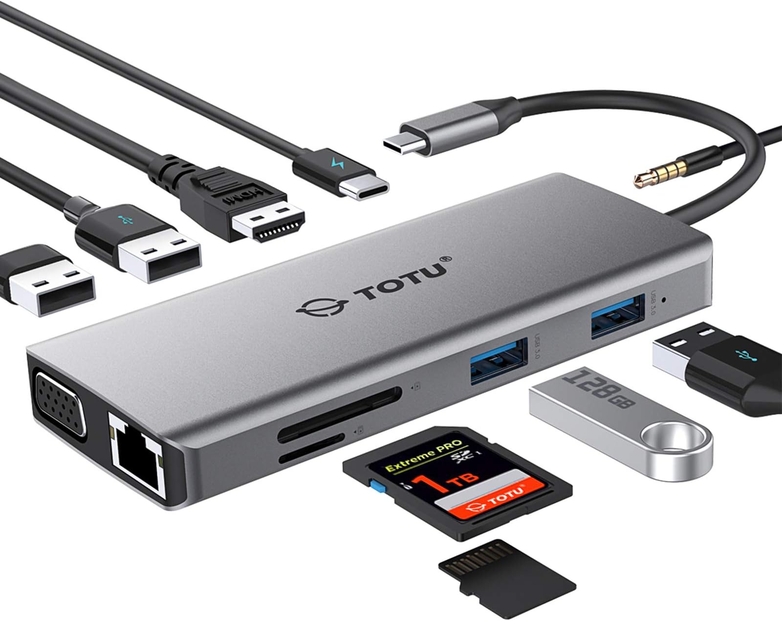 TOTU 11-in-1 USB-C Hub: 4K HDMI, VGA, 2x USB3.0, 2x USB2.0, Ethernet, SD Card Reader, Audio, 3.0 PD, Mac Pro & Laptops Compatible