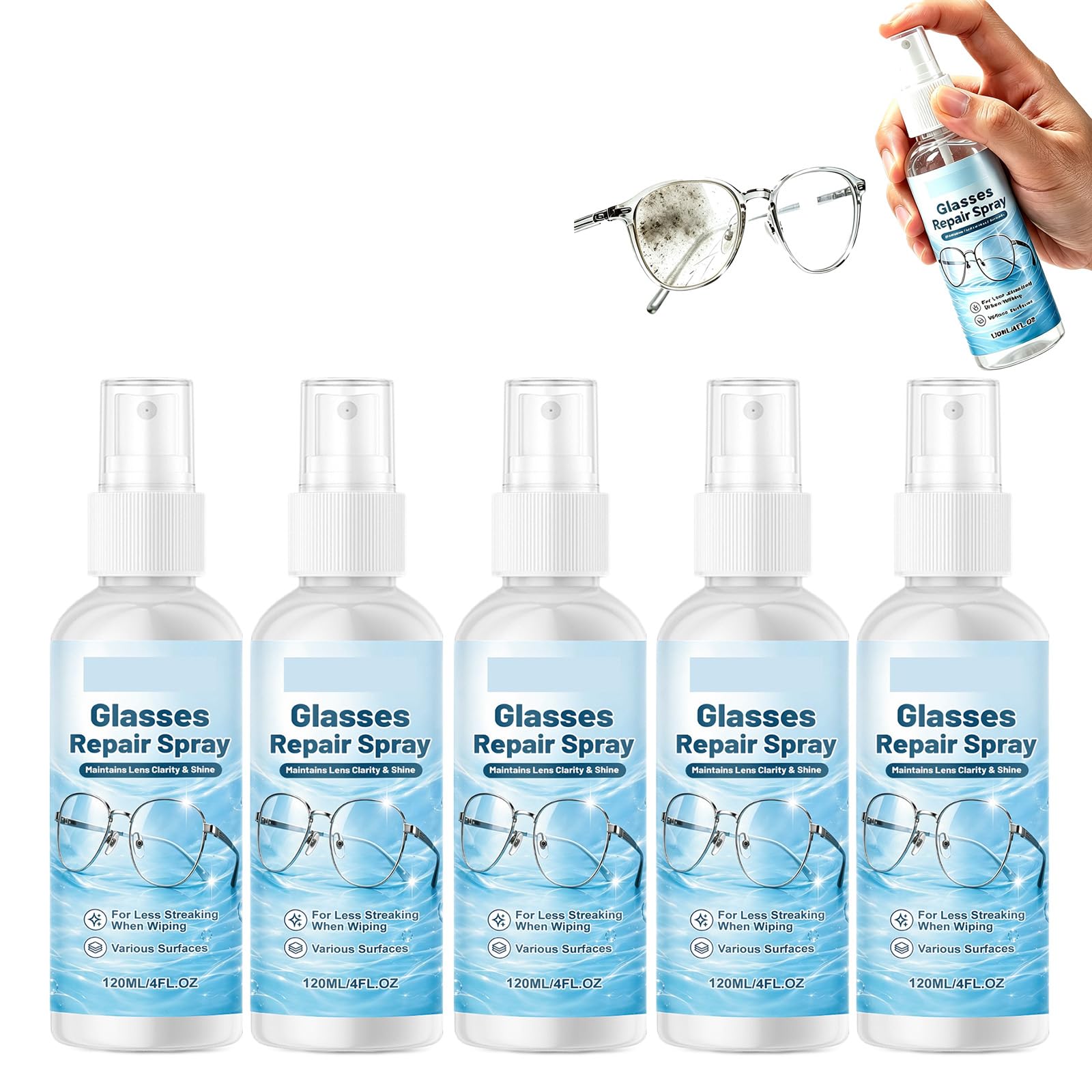Linsenkratzer-Reparaturspray, Brillenreinigungsspray, Handtücher. (5PCS)