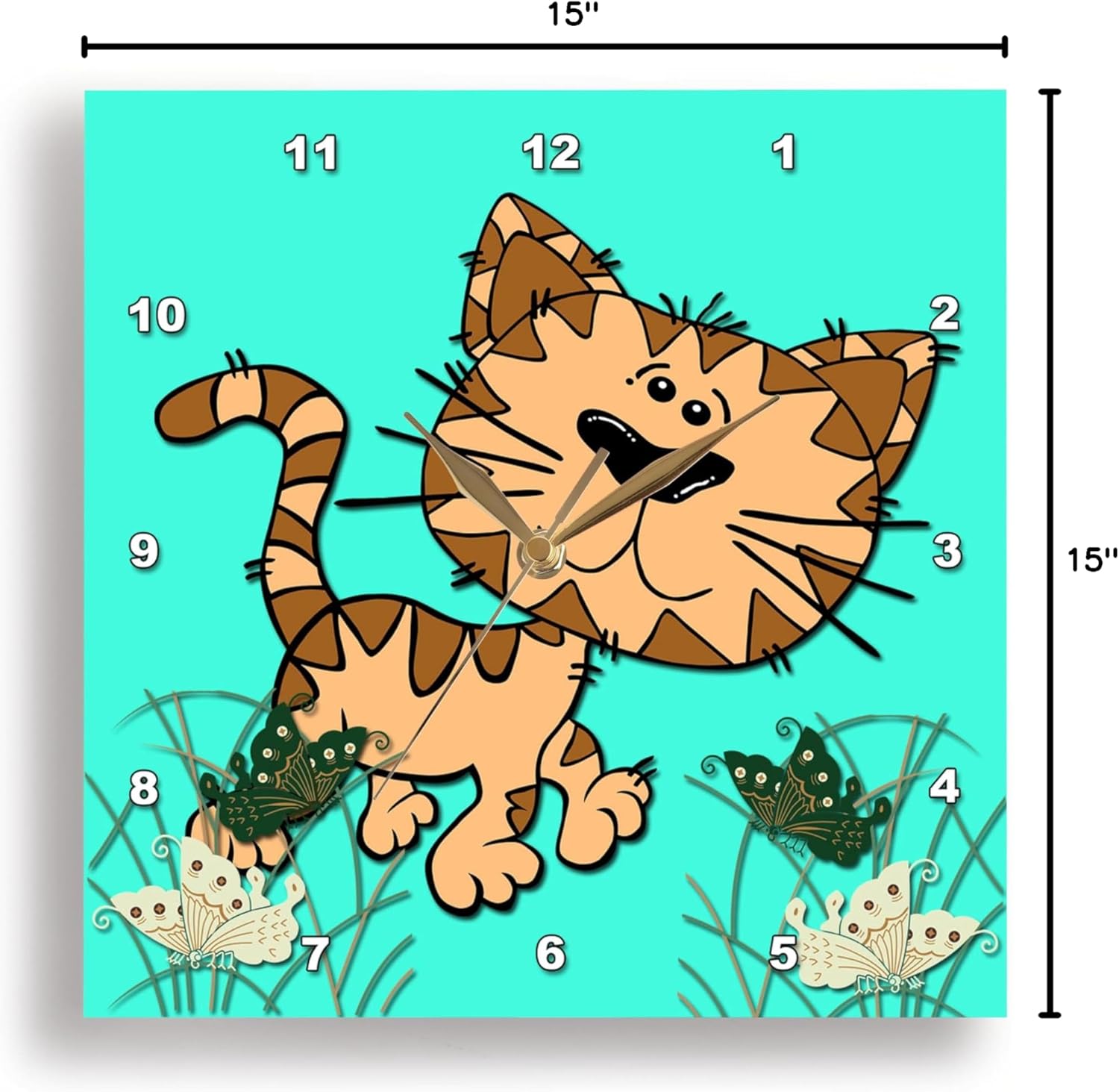 3dRose Funny cat. Turquoise. Kids Decor. Cool Image. -Wall Clock, 15-inch (DPP_218421_3)