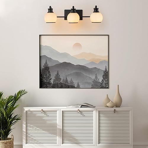 Miniatura 4 de 3 lámparas modernas de baño sobre espejo (bombillas LED incluidas), luces negras para pared de baño con pantallas de cristal de globo blanco lechoso