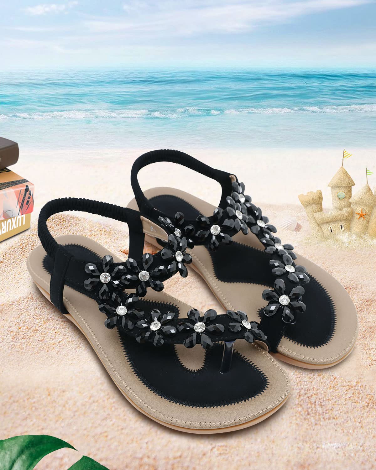 Sandales Femmes Plates Été Chaussures éLastiques Plage BohèMe Strass Fleurs Femme Confortable PU Tongs Orteils SéParateurs