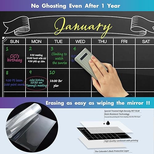 Miniatura 4 de Party Funny Calendario de pared de pizarra de tiza gigante laminada negra de borrado en seco, 38 x 50 pulgadas, tablero de anuncios semanal mensual