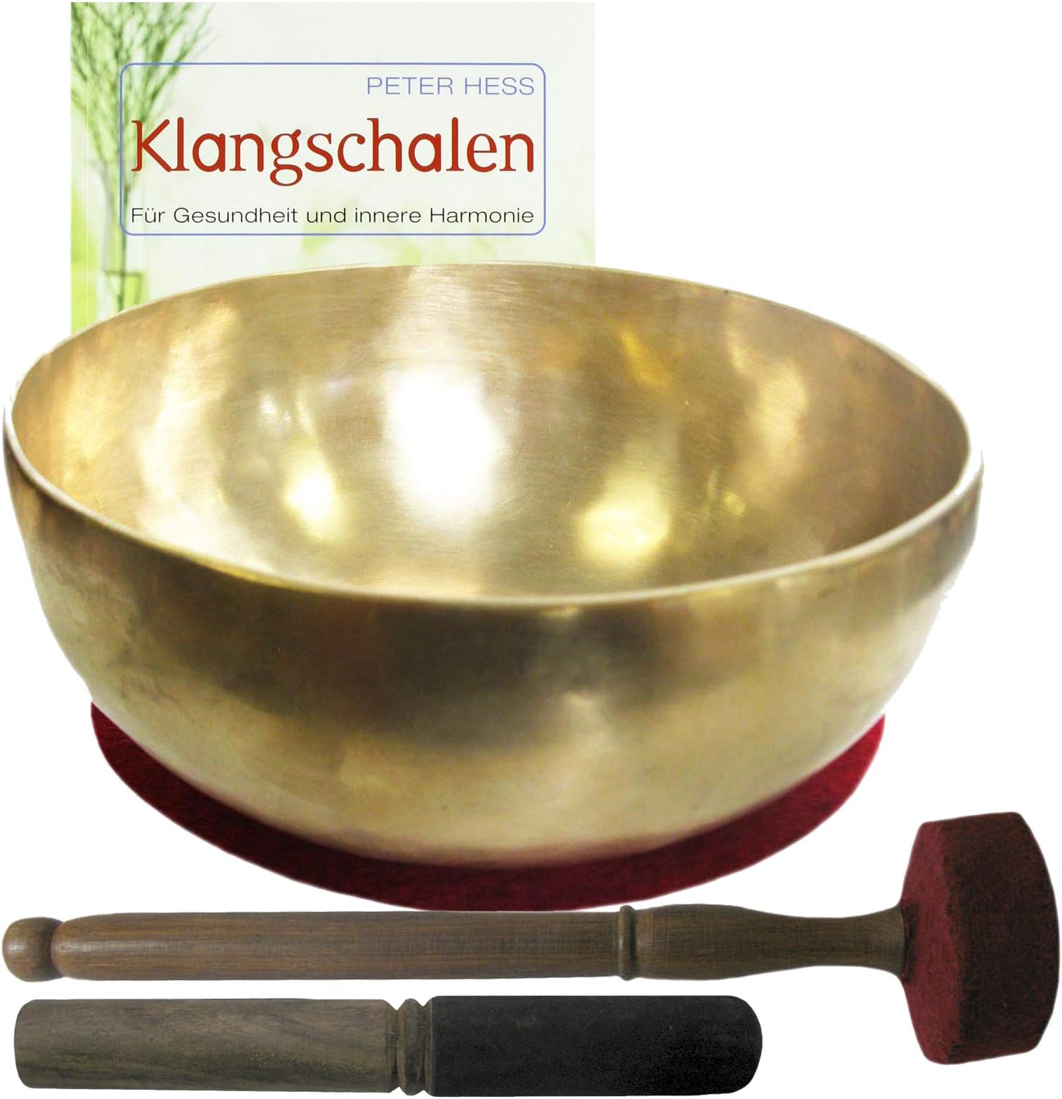 Peter Hess Singing Bowl Nepal Himalaya Singing Massage Set with Four Pieces and Book | Therapy Quality: Large Heart Bowl Light Colour | Approx. 1300 g 20 – 22 cm Diameter # 70189 | with Cushion/Leather Clapper.