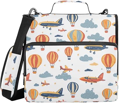 Zipper Binder 3 Ring Hot Air Balloon and Airplane Binder Bag with Shoulder Strap Multi Pockets Waterproof Large Capacity Binders Organizer for School Office Supplies