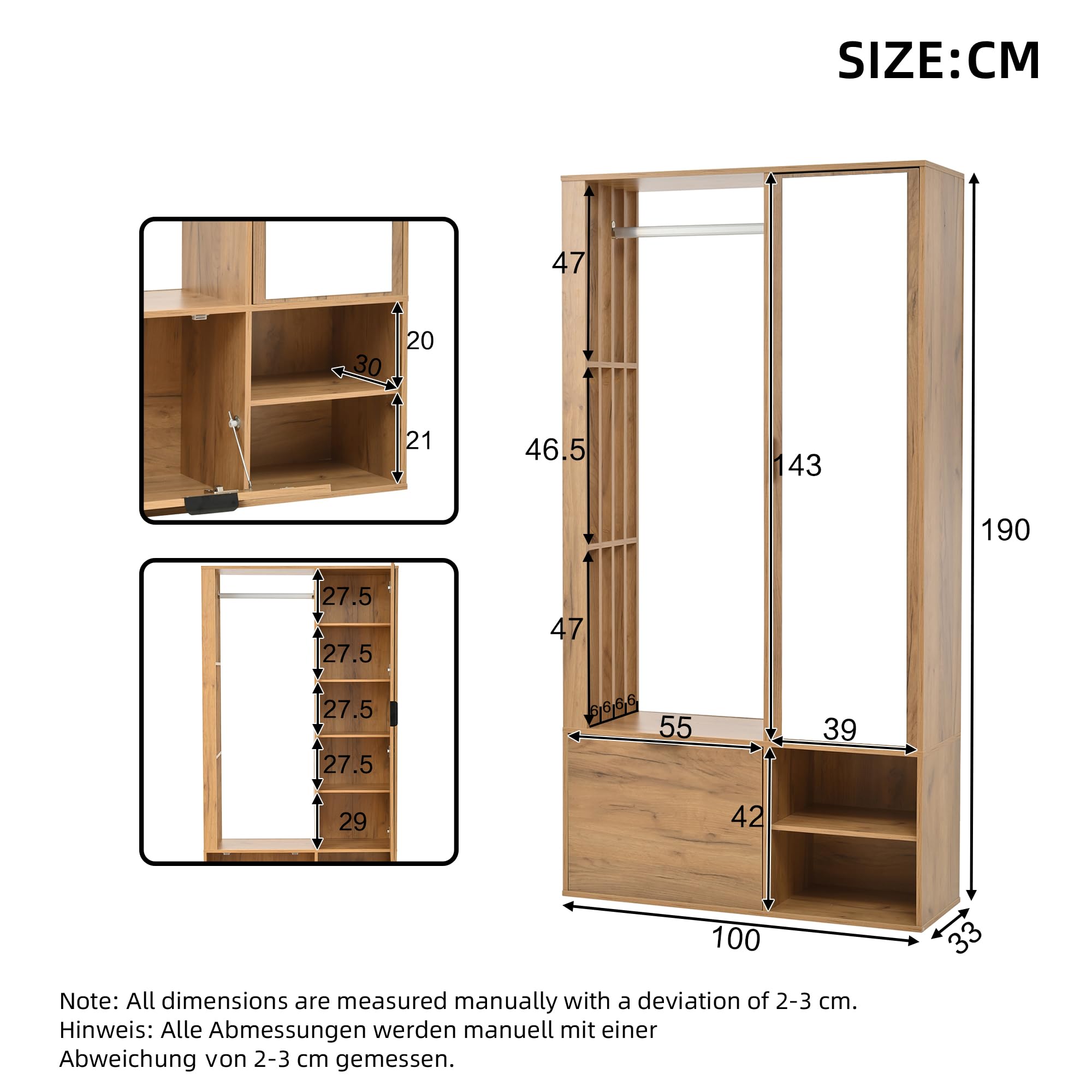 Garderobenschränke 100x33x190cm, 6-in-1-Eingangsschrank, zum Aufhängen von Mänteln, Flurschrank mit Wäscheständer & Spiegel, Schrank mit unterer Tür, Holzfarbe