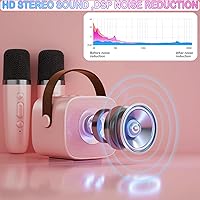 Vista 3 de Mini máquina de karaoke para niños de 4 a 12 años, altavoz Bluetooth con 2 micrófonos inalámbricos y luces LED, regalos de Navidad y cumpleaños