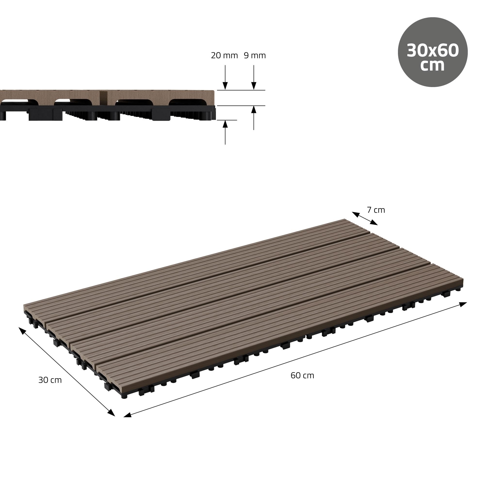 ECD Germany WPC Terrassenfliesen 60x30 cm/6 Stück=1m² Dunkelbraun, geriffelt, Holzoptik, Bodenbelag mit Klicksystem und Drainage, Terrassendielen Balkonfliesen, Klickfliesen für Terrasse Garten Balkon