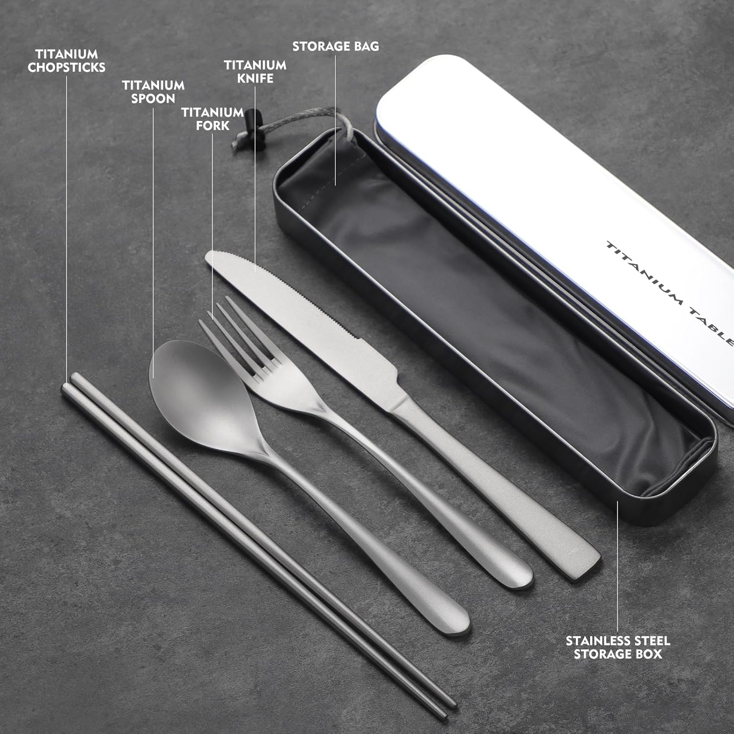 Titanium utensil travel set, portable lunch silverware set with box, including titanium spoon, fork, knife, reusable, suitable for, office, and outdoor dining (Titanium gray 3-piece set)