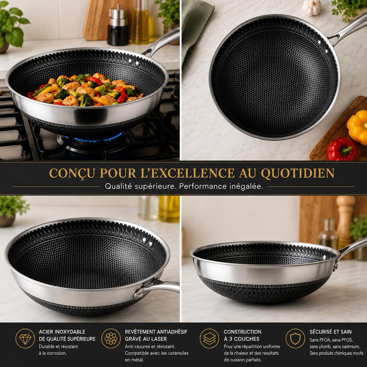 INTIGNIS Wok Hybride Premium 30 cm avec Couvercle en Verre – Acier Inoxydable, Anti-adhésif Sans PFOA, Compatible Induction, Passe au Four & Lave-Vaisselle, Poignée Stay-Cool