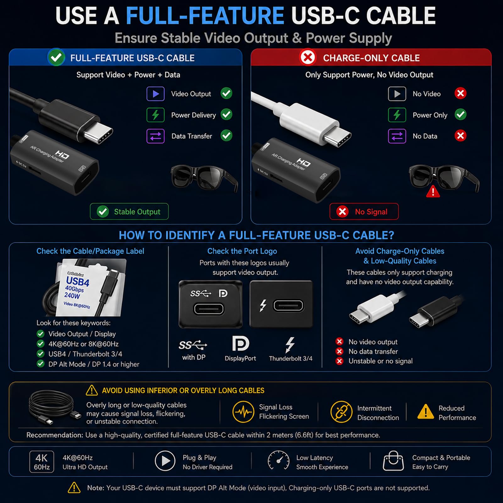 Guermok Adaptador HDMI a USB-C para gafas AR, convertidor AR 4K@60Hz con carga y puerto DC 5V – Compatible con XREAL One/Air 2 Pro, RayNeo, Rokid, Switch2/1, Xbox1, PS4/5, monitores portátiles (Negro)