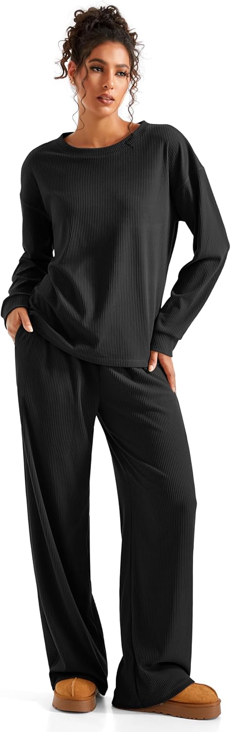 SUUKSESS Women Ribbed Lounge Sets Long Sleeve Pajama Two Piece Sets with Pockets - Image 2