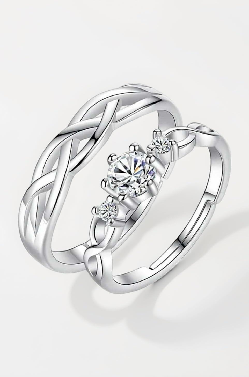 Couple Rings for women girls lovers men boys girlfriend Couples Husband wife Gf BF AD CZ Stylish Valentine American diamond Adjustable Heart Platinum Silver Solitaire Finger Ring Combo set -117