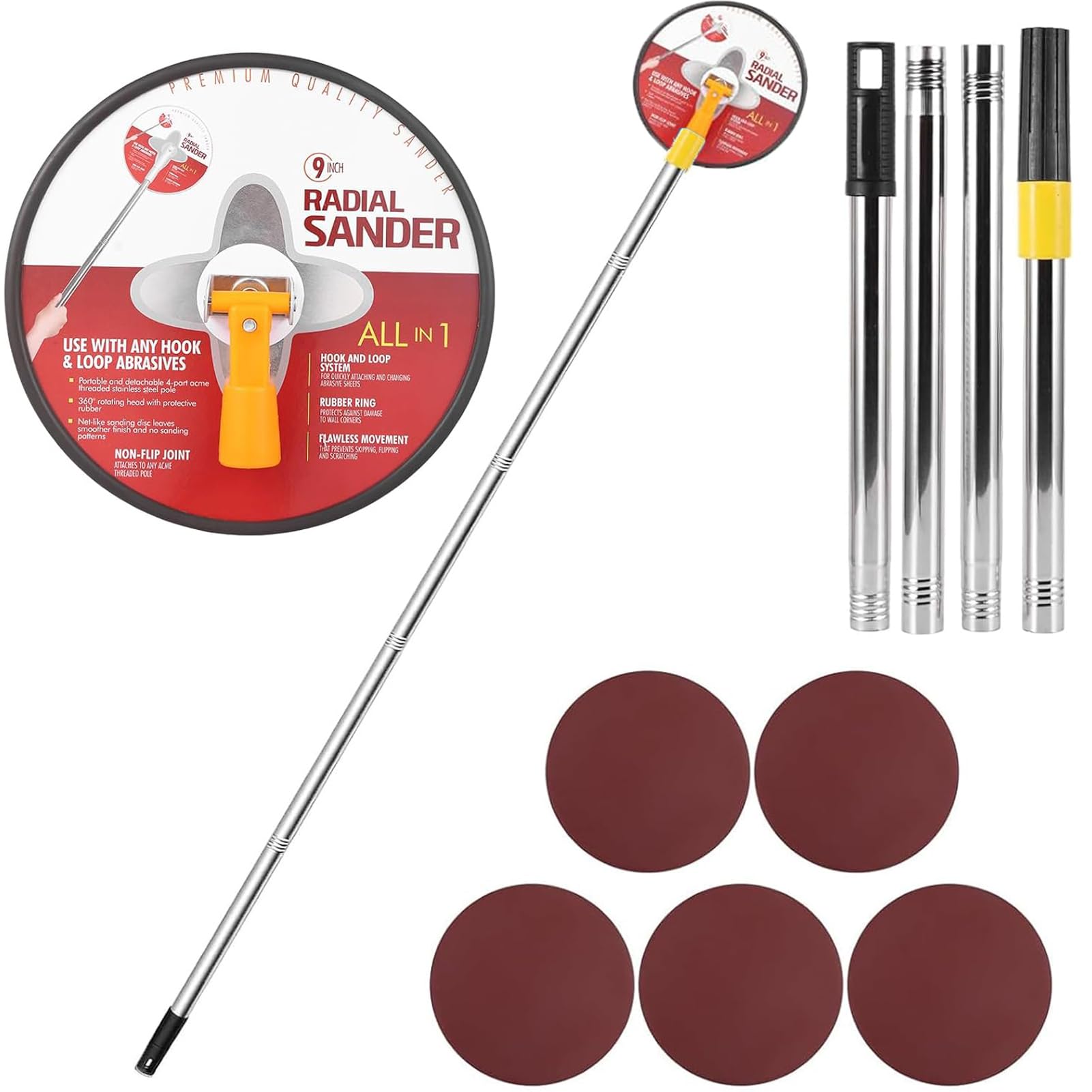 Pole Sander for Drywall, 9In Dry Wall Sander with Extension Pole 360 Degree Rotation Hand Radial Sanders Complete with 5pcs Sanding Sheets (80, 100, 120, 180, 240 Grit) (Red)