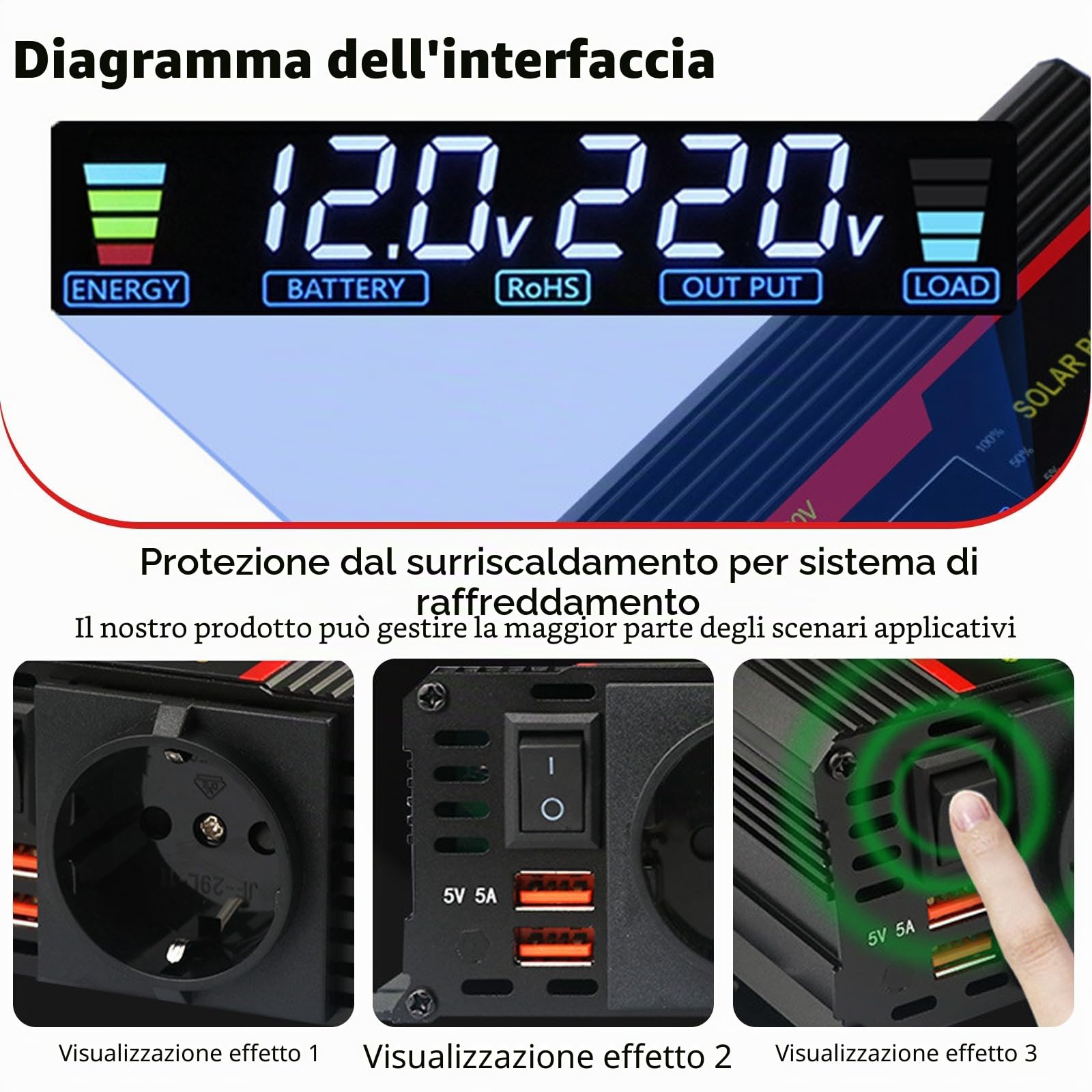 Invertitore solare DC 12 V/24 V su AC 230 V 700 W/2000 W Adattatore USB, per auto, camion, roulotte, campeggio