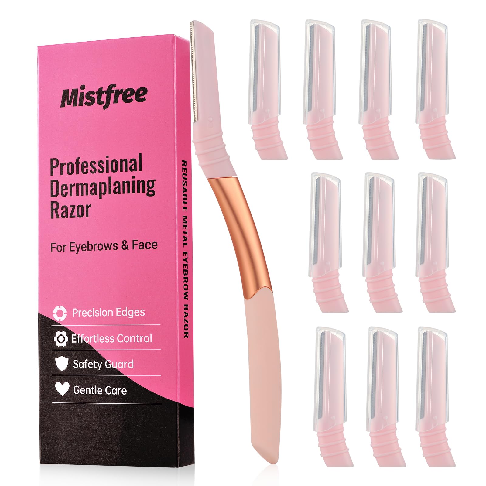 Dermaplane Razor for Women Face, Eyebrow Razor with Reusable Handle and 10 Refill Blades, Professional Dermaplaning Tool Face Razors for Exfoliation, Peach Fuzz Removal, Eyebrow Shaping