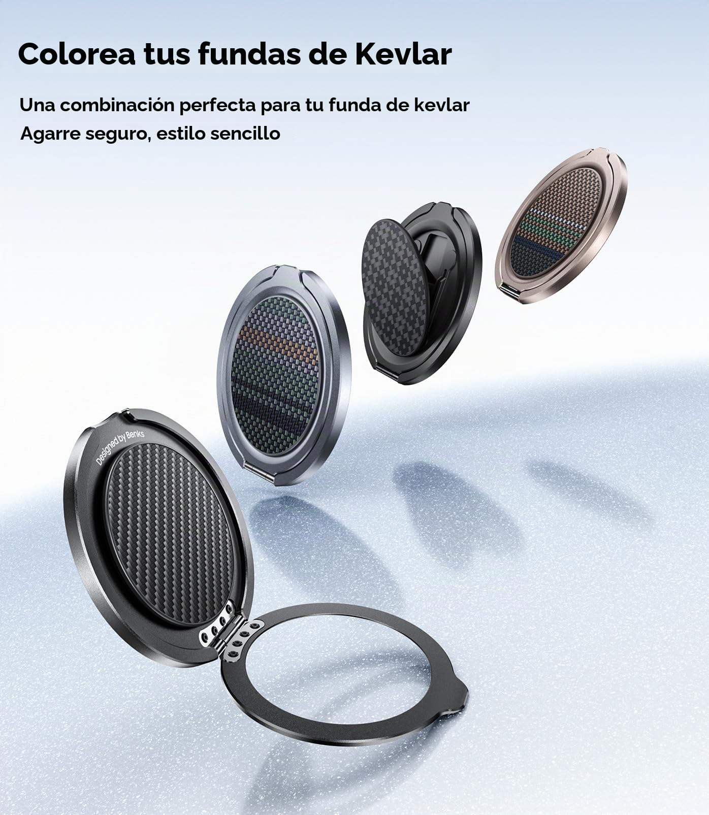 BENKS Soporte y Agarre Magnético para MagSafe – Anillo 360° Rotación de Fibra de Aramida, Liviano y Resistente, Compatible con iPhone 17/16/15/14/13 Pro MAX y MagSafe Fundas