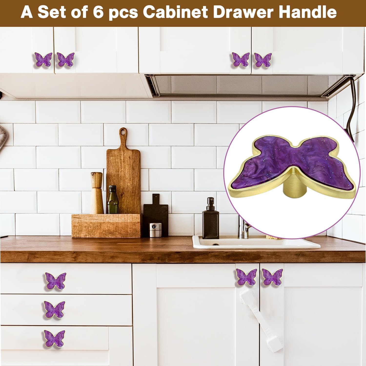 6 pcs Butterfly Shape Knobs Handle Gold Cabinet Knobs Decoration Door Handle Single Hole Handles Cabinet Drawer Dresser Kitchen Wardrobe Furniture Hardware Pulls (Purple)