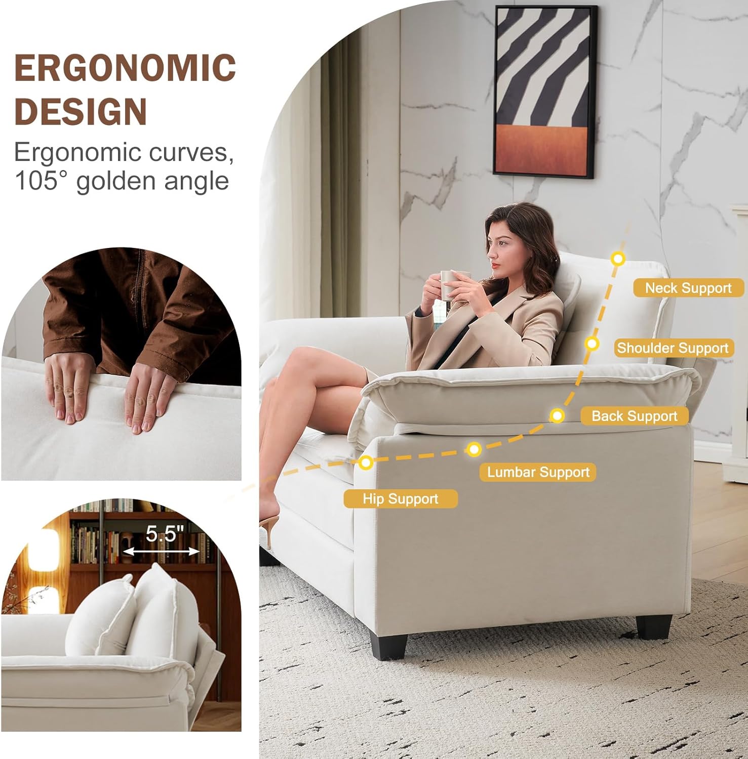 CDCASA Oversized Accent Chair, Velvet Comfy Cloud Chair with Large Seat and Upholstered Armrests, Modern Extra Wide Armchair Reading Chairs for Bedroom, Living Room, Office, Beige