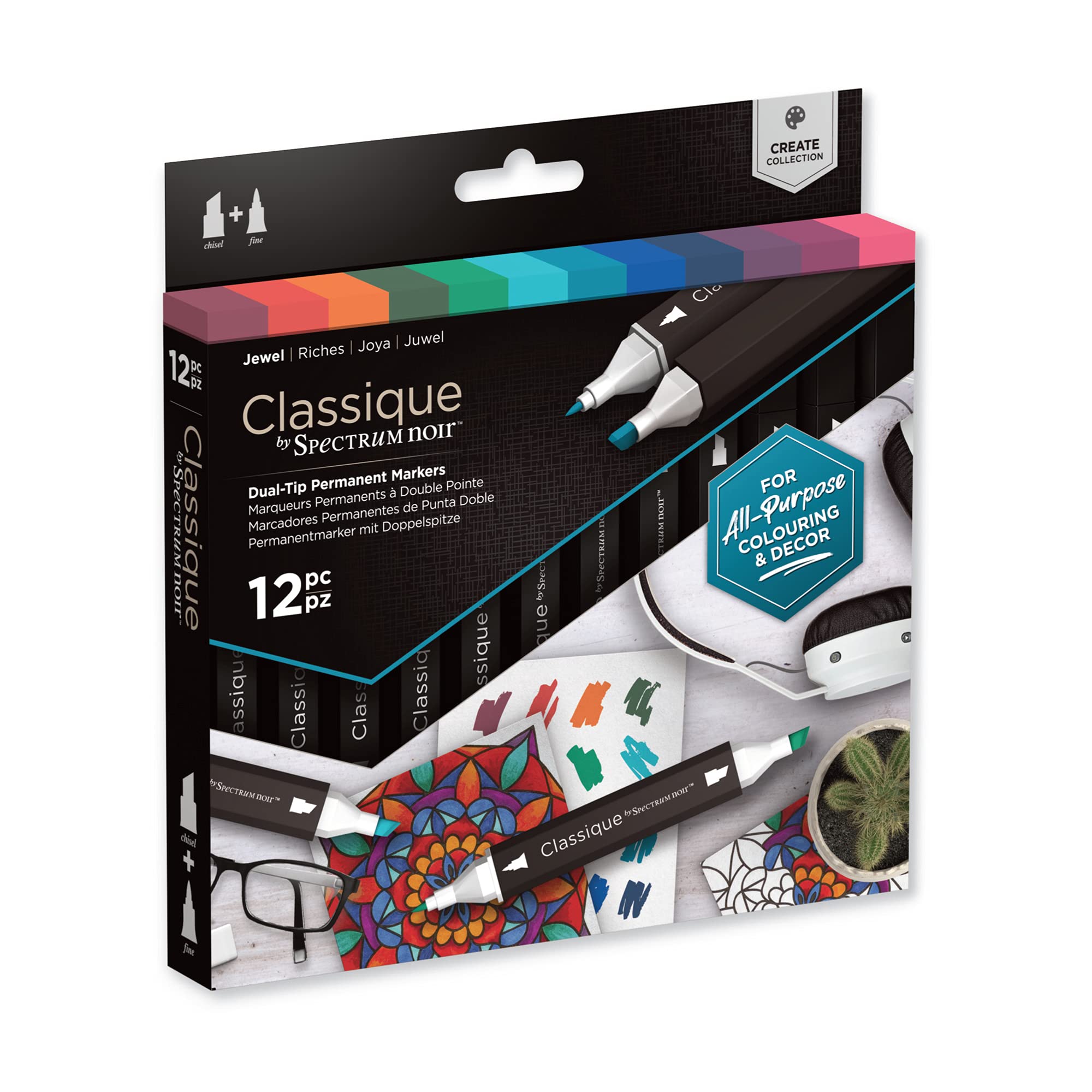 Crafter's Companion Jewel Spectrum Noir Classique Blend Twin Tip Blendable Alcohol Based Marker Set With Japanese Nibs - Pack Of 12 - Perfect For Colouring, Drawing & Illustration ( Pack)