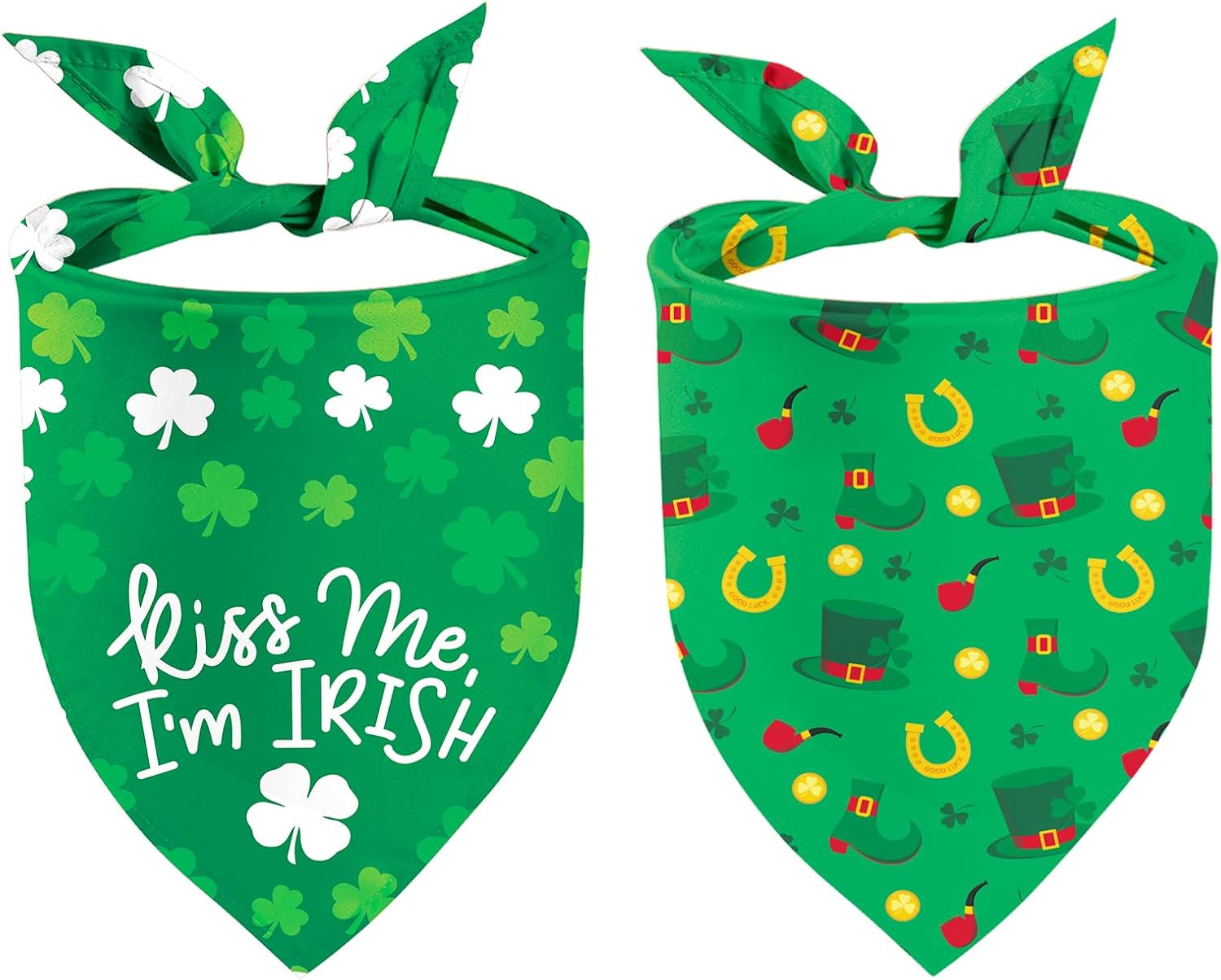 St Patricks Day Dog Bandana Puppy Scarf, 2 Pcs Shamrocks Kiss Me Irish Triangle Reversible Pet Scarf Holiday Party Dog Costume for Small Medium Large Dogs