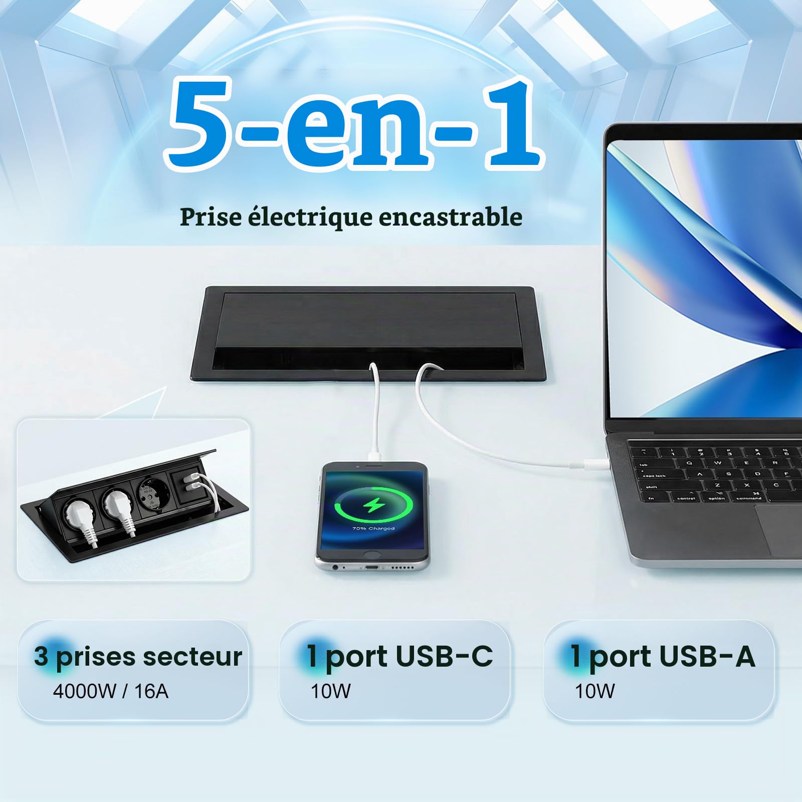 Prise Encastrable 3 Prises, avec 1 USB-C et 1 USB-A, Prise Table Escamotable Multiprise Alliage d'Aluminium, Câble d’Alimentation 2M, 20W USB, pour Bureau, Salle de Jeux, Salle de Réunion 2500W