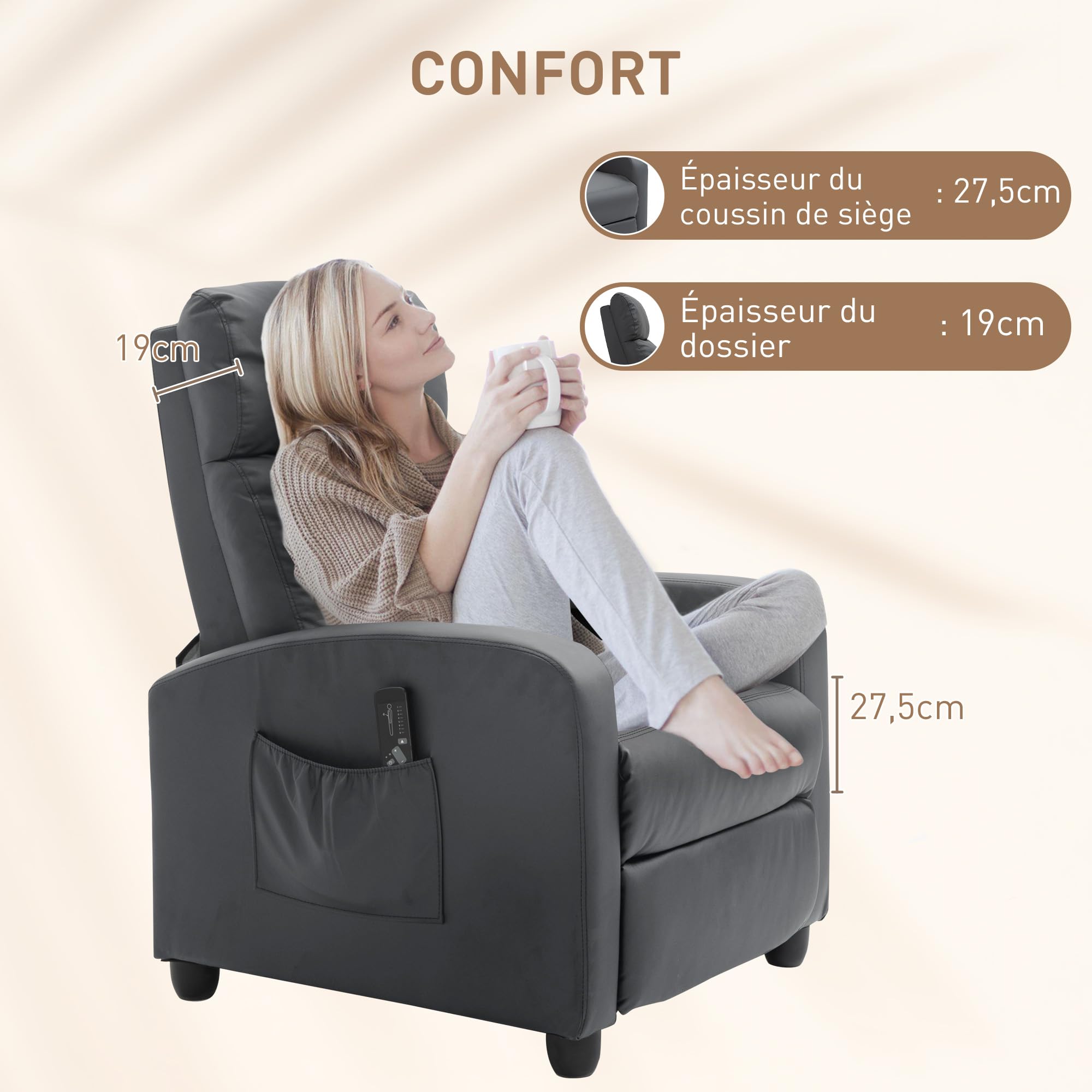 HOMCOM Fauteuil de Relaxation et Massage avec Inclinaison Manuelle Dossier Repose-Pied réglable revêtement synthétique Gris