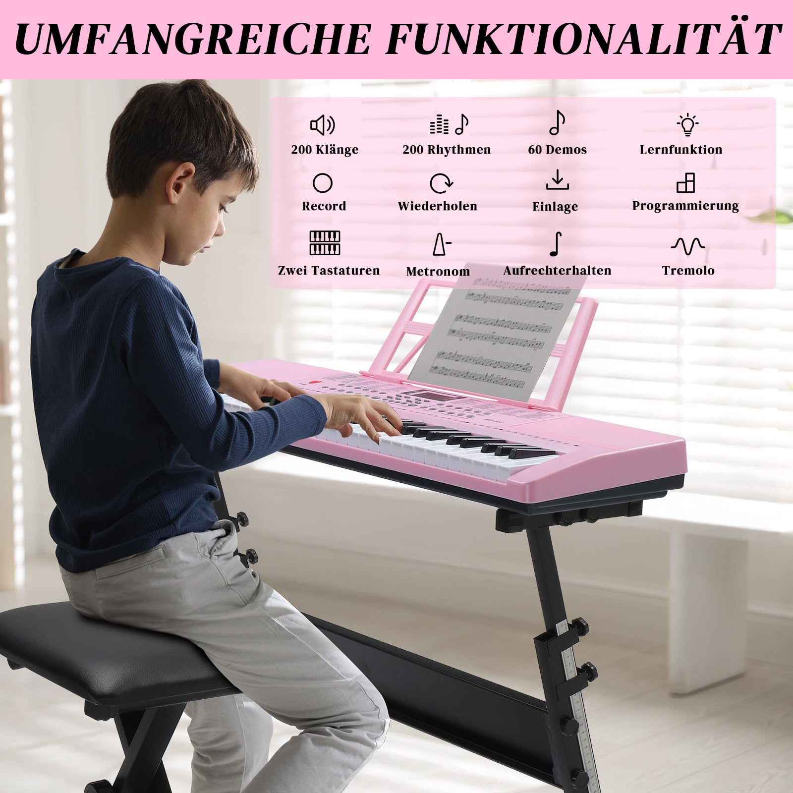 LEADZM Tastiera Piano 61 tasti, tastiera digitale con supporto per tastiera, panca per pianoforte, supporto per spartiti, cuffie, microfono, schermo LED, 3 modalità di apprendimento per principianti