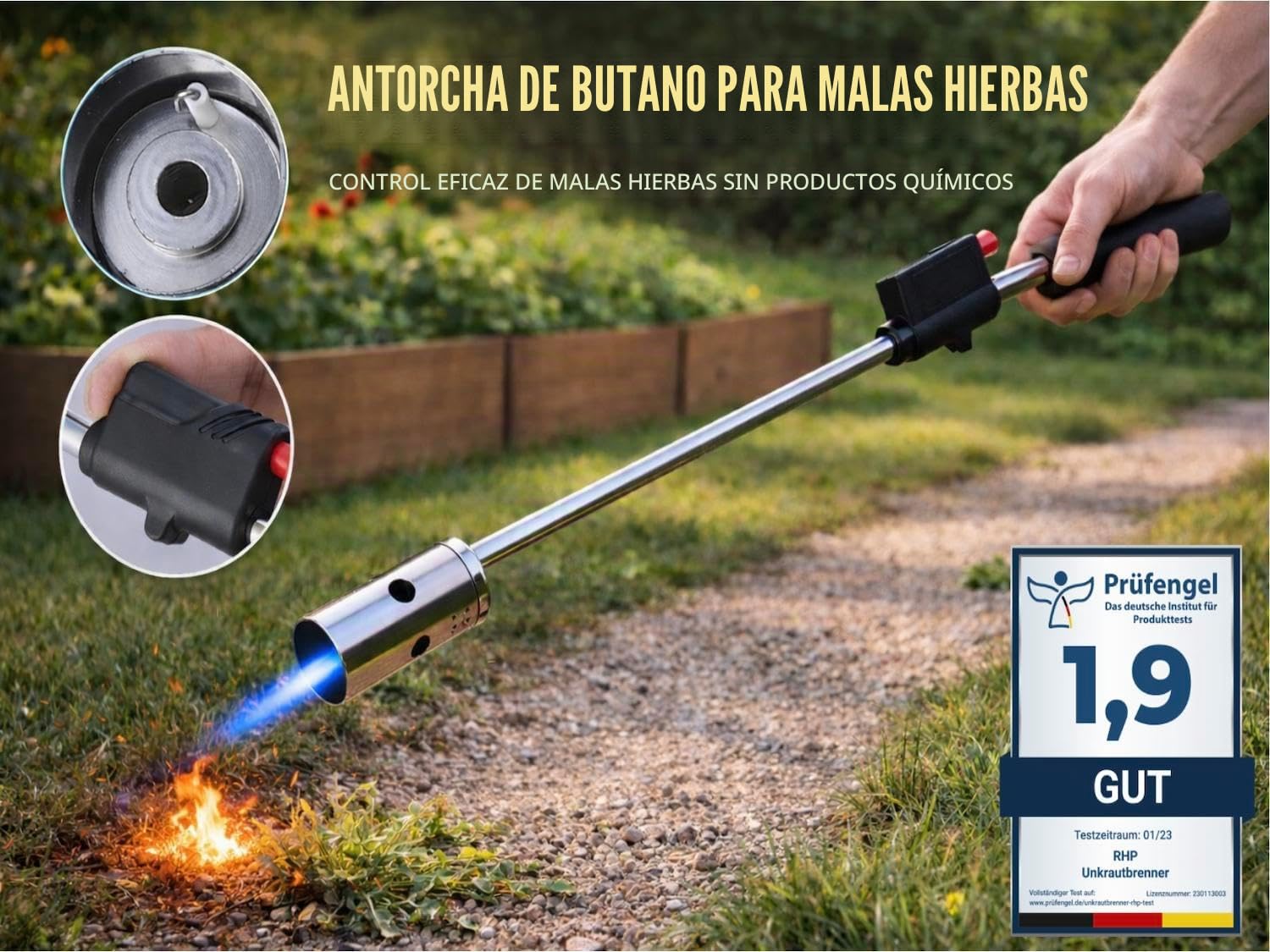 Quemador de malezas RHP 80 cm, incluidos 4 cartuchos de gas butano de 227 g, quemador de gas con encendido piezoeléctrico, quemador de llama ajustable