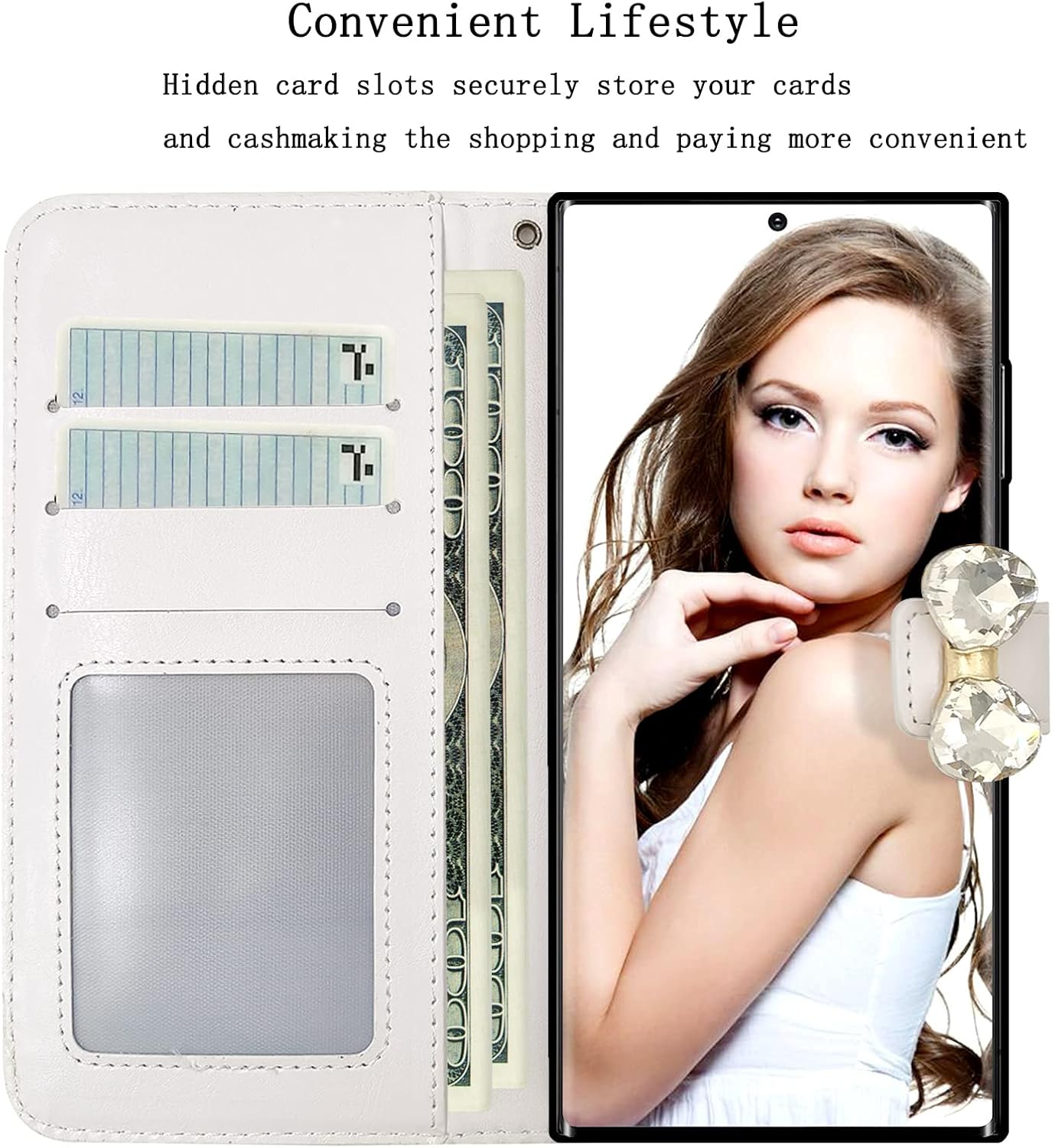 Omio for Galaxy S26 Ultra Wallet Case Luxury Glitter Bling Diamond Card Holder with Stand Sparkle Crystal Bow Shockproof Non-Slip Fashion Flip Cover for Women Girls White image 5