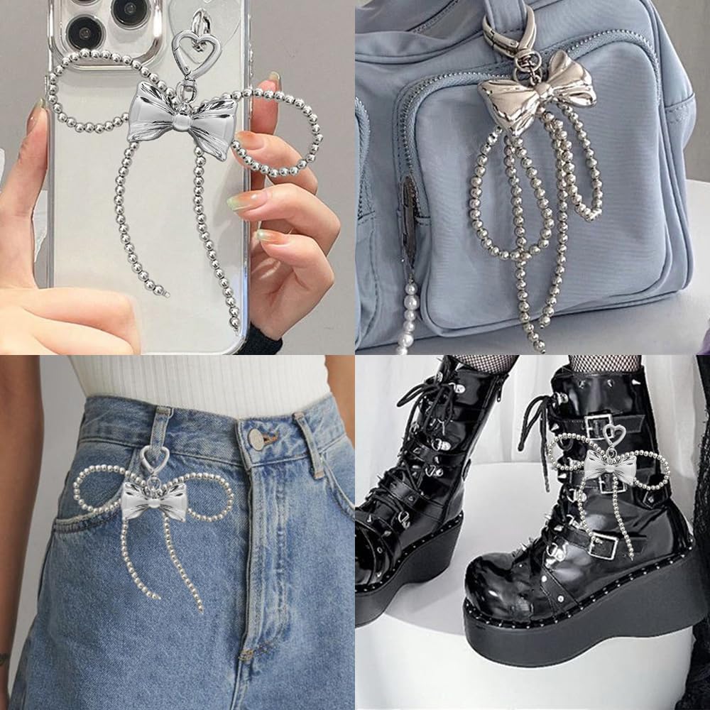 Silver Bow Keychain Charms Keychain Accessories Kawaii Backpack Keychains Pearl Bows Bowtie Bag Charms Beaded Bowknot Phone Charm Key Ring Key Chains Women Cute Key Chain Key Rings for Car Keys - Image 3
