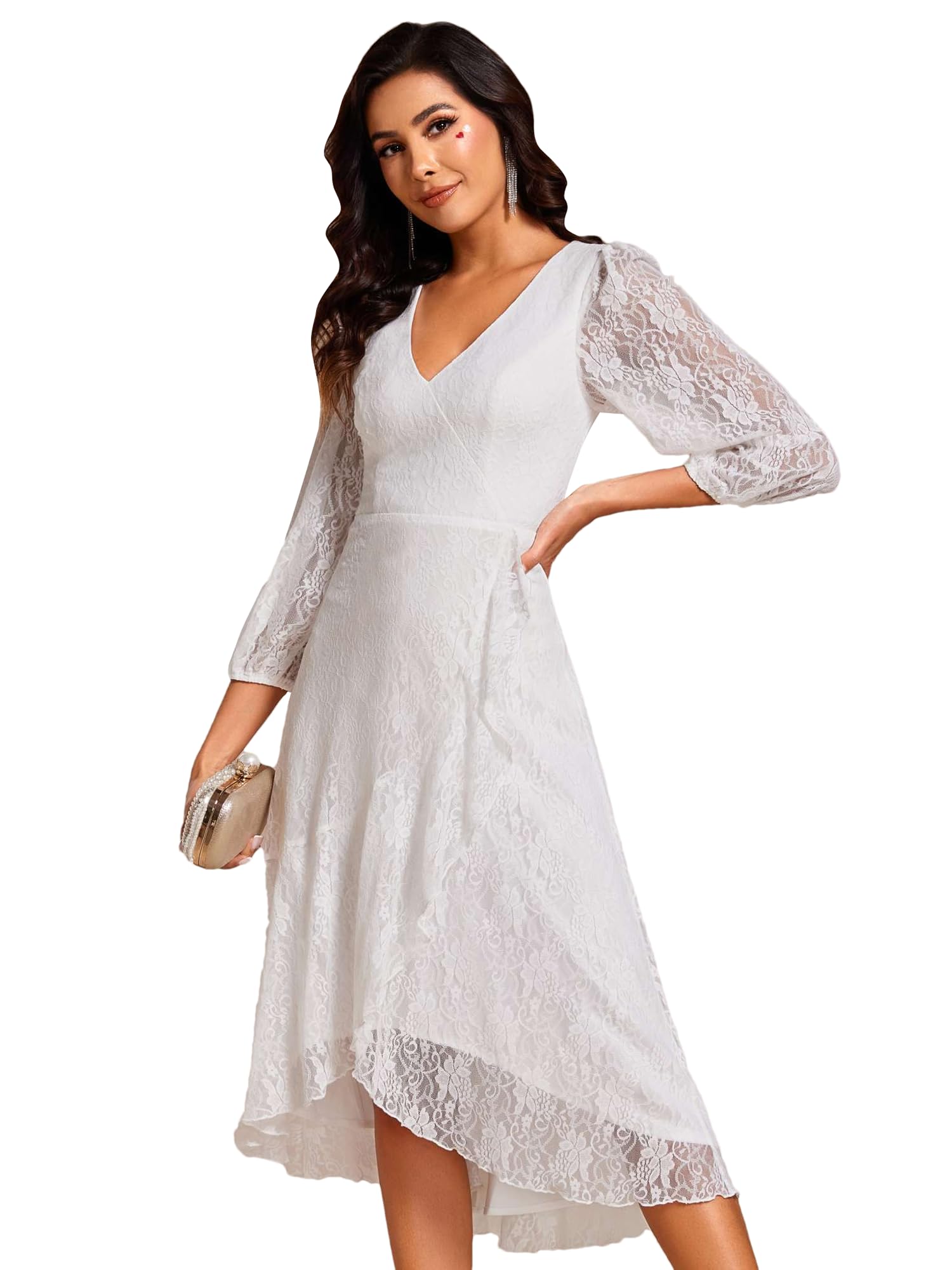 Ever-Pretty Vestido de Invitados de Boda Cordón Manga Larga para Mujer Vestido Noche Cuello en V EG02238