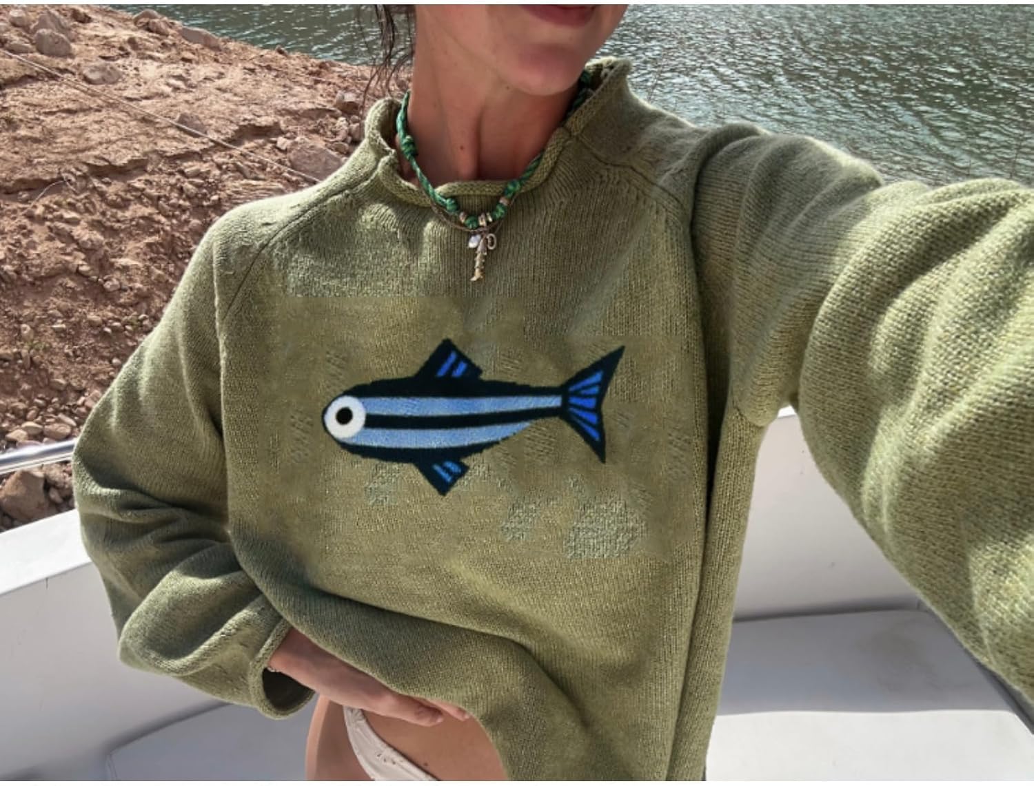 Women Fashion Rib Knit Fish Graphic Oversized Sweater Y2k Vintage Crew Neck Loose Fit Knitted Pullover Sweaters