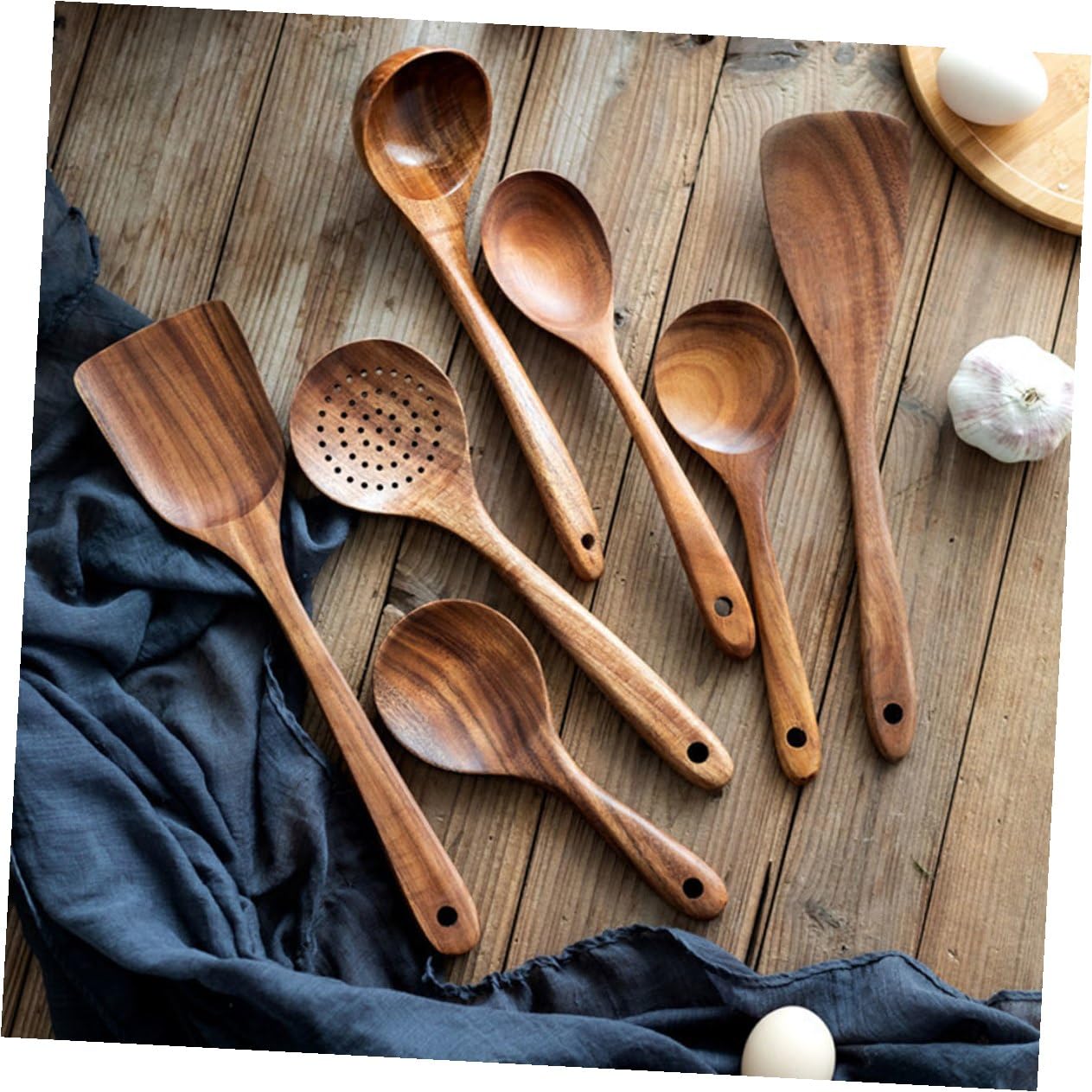 Set di Cucchiai da Cucina in Legno di Acacia 7 Pezzi, Cucchiaini da Tè e Palette Piccole Riutilizzabili, Utensili Ergonomici con Foro Appendibile per Casa, Bar e Ristoranti