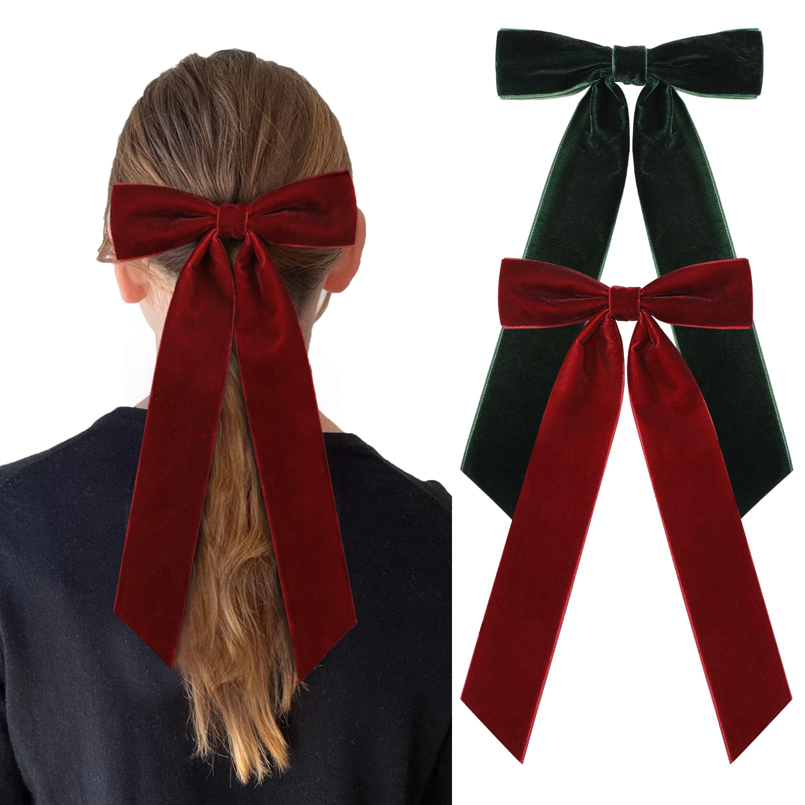 2PCS Velvet Hair Bows Ribbon Hair Clip Green Wine Red Accessories Ponytail Holder Accessories Slides Metal Clips Hair Bow for Women Girls Toddlers Teens Kids