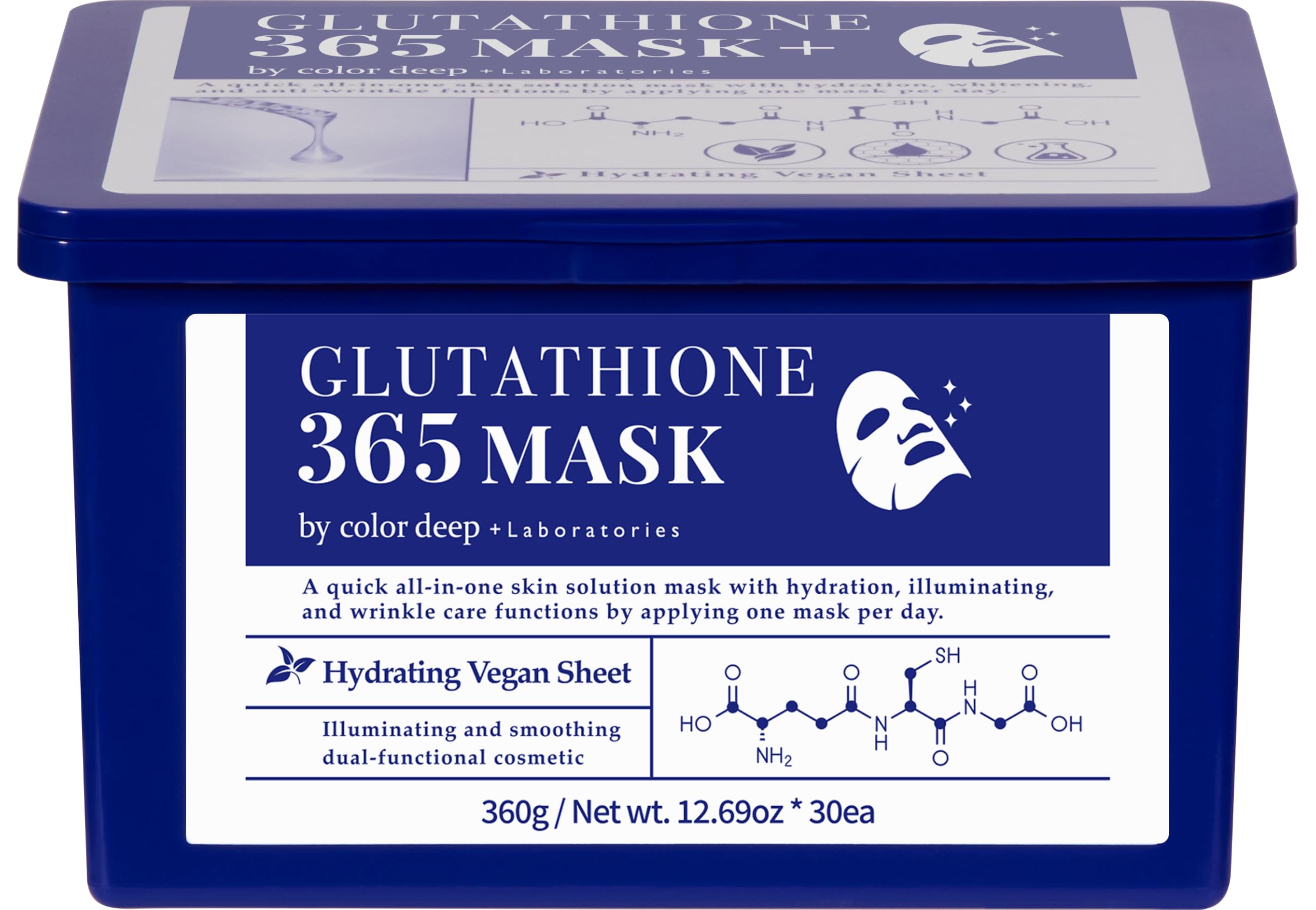 Color Deep Glutathione 365 Mask(1pack, 30sheets, 360g)/ 99% Pure Glutathione, 100% Plant-Based Vegan Sheet quick all-in-one skin solution mask with hydration, illuminating, and wrinkle care functions