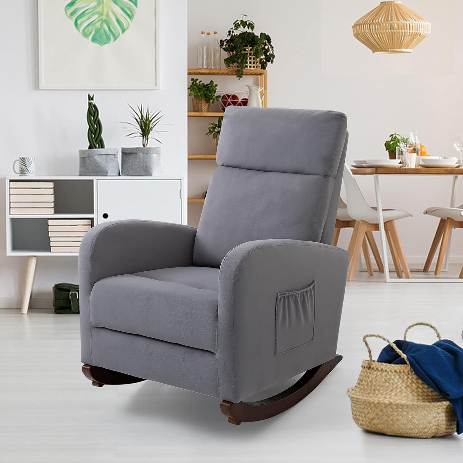 AVAWING Home Rocking Chair, Mid Century Glider Chair Upholstered Frosted Velvet High Back Arm Chair Nursery Rocking Chairs with Solid Legs and Side Pockets (Gray) : Home & Kitchen