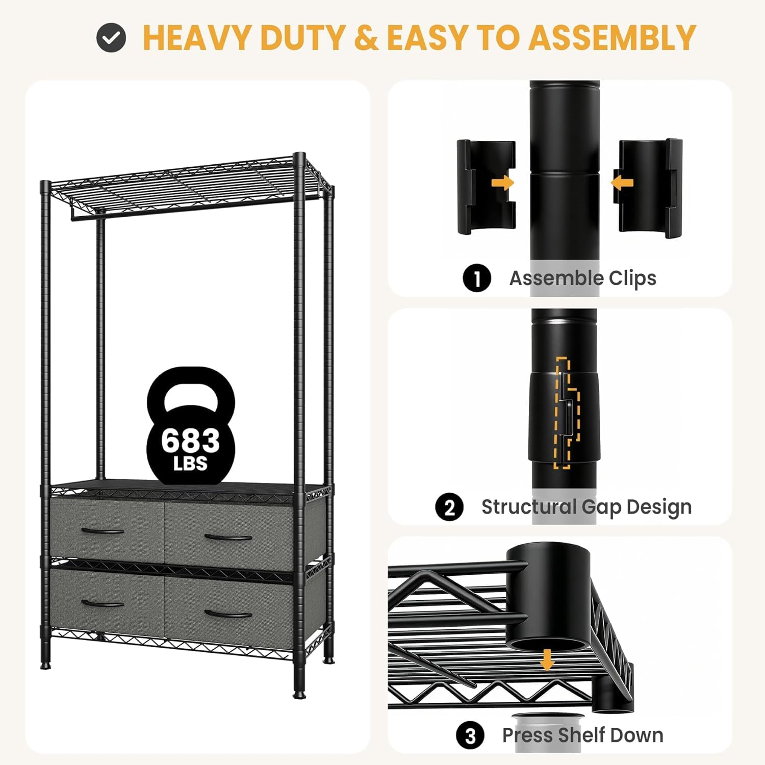 Garvee Portant Vêtements Avec 4 Tiroirs Profonds, Capacité 308 kg, Noir