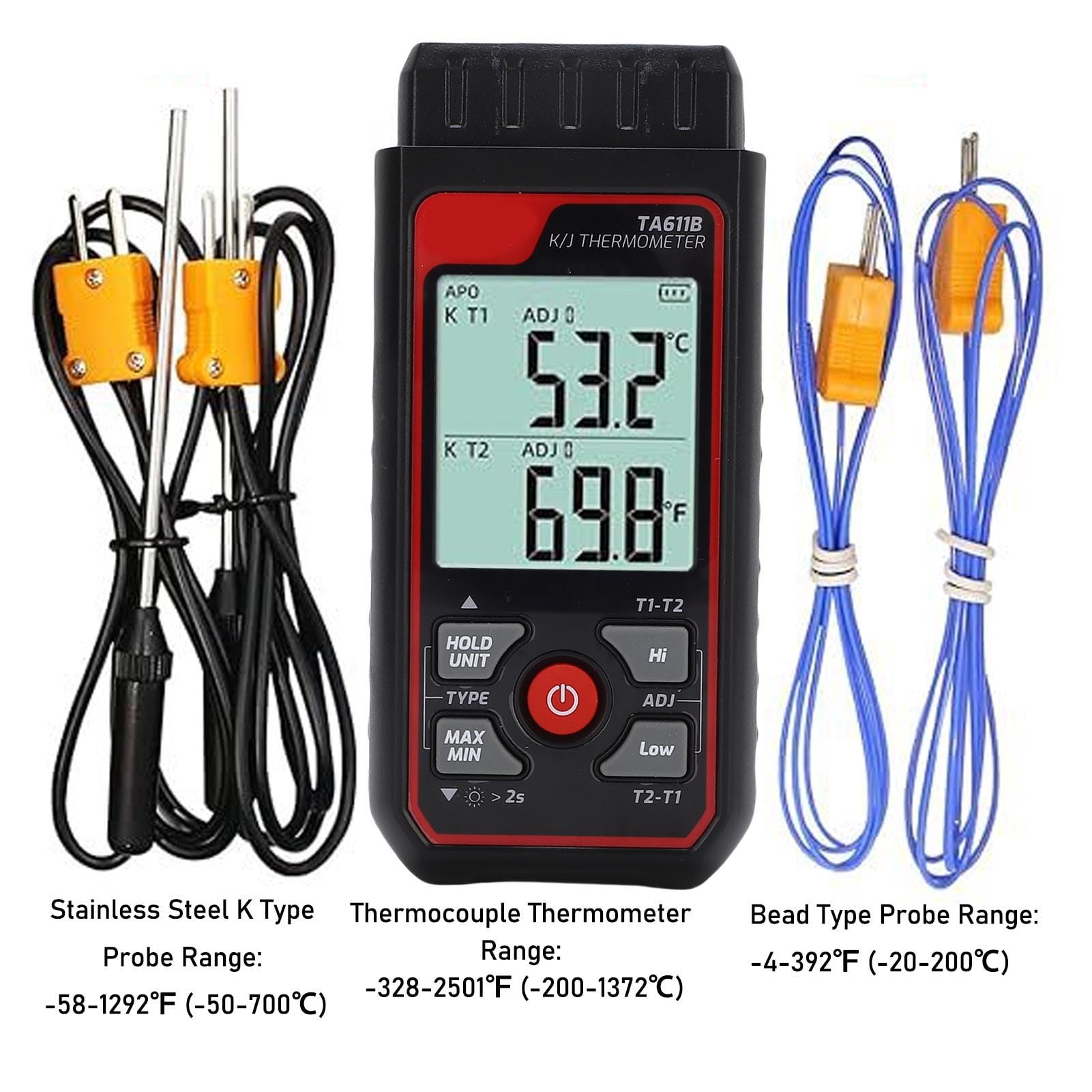 Aramox Termometro a Termocoppia, Misuratore di Temperatura Digitale a Doppio Canale, Tipo K J con LCD Retroilluminato, Calibrazione ADJ, Intervallo 2501 °F per Test di Acquari di Refrigerazione di