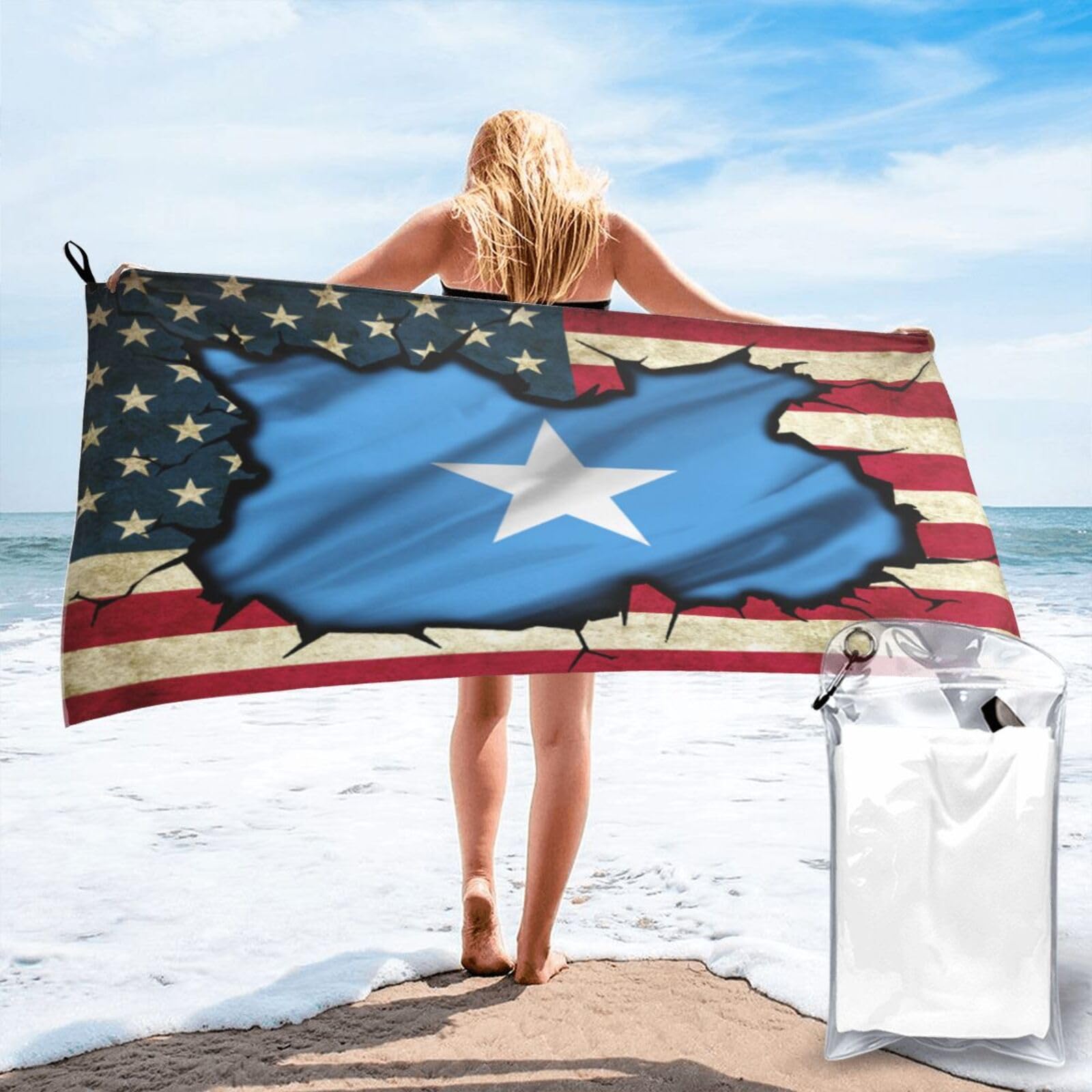 HACXZ Vintage America Flag and Somalia Somalian Flag Absorbent Beach Towel Microfiber Beach Towel Lightweight 27.5"X55"