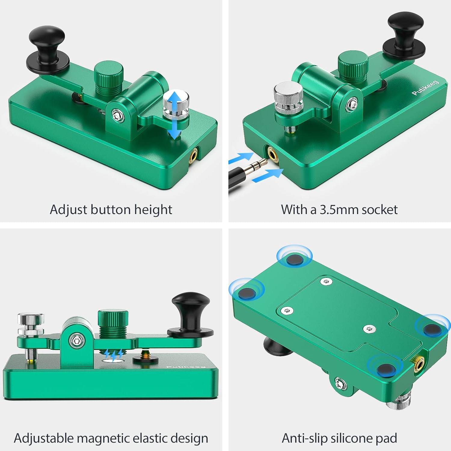 Four-panel image showing adjustment points on the Putikeeg Morse Code Key