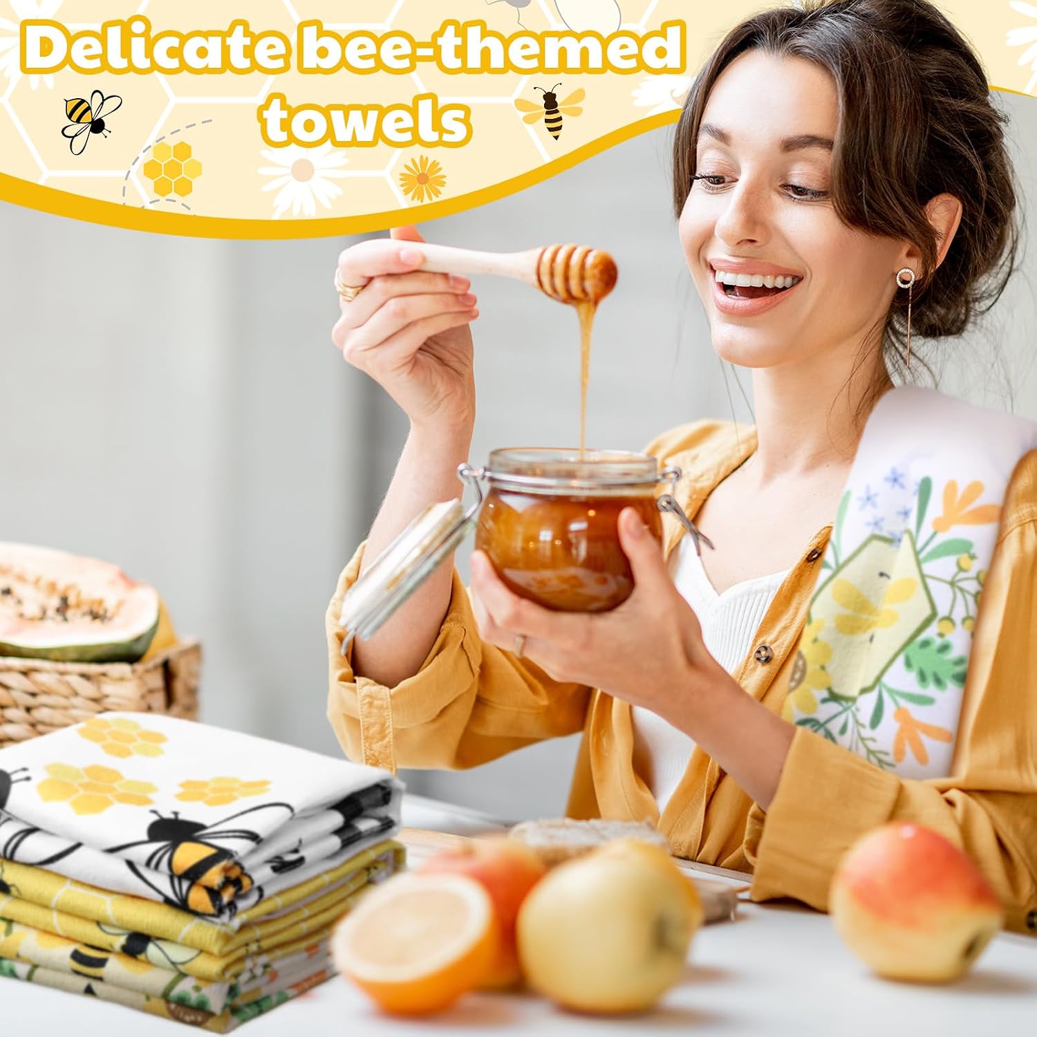 Oudain 6 Pcs Bee Kitchen Towels Honey Bee Kitchen Decor 15.8 x 23.6 Inches Dish Hand Tea Towels for Bathroom Home Housewarming Gifts