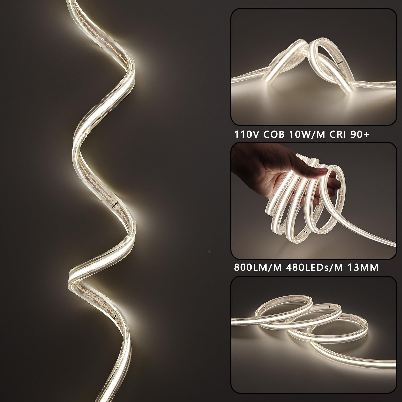 BENLUN AC 230V COB LED Streifen Aussenbereich Transparente Wasserdicht 20m | LED Strip Outdoo 220V IP65 10W/m 480LEDs/m CRI 90+ für Beleuchtung Deko Decke Terrasse hof Garten