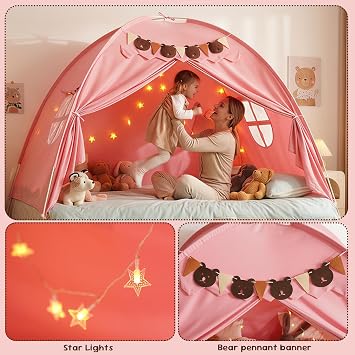 Full Size Bed Tent for Kids, Girls Bed Tent Canopy Dream Playhouse Breathable Sleeping Tent Privacy Space Pink Tent with Stars Light & Flags, Toddler Indoor Floor Play Tent, Birthday Children's Gift