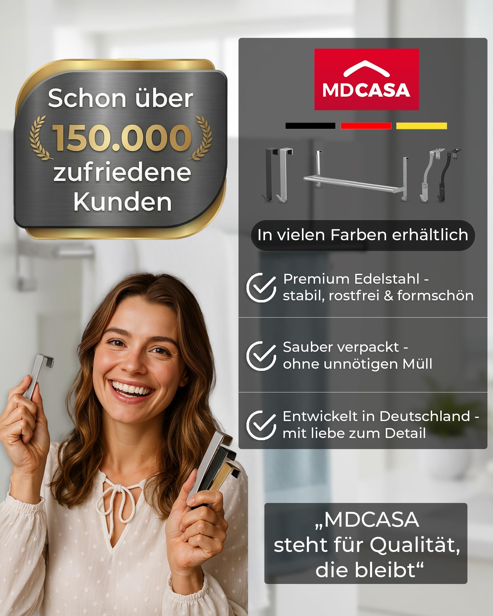 MDCASA Premium Handtuchstange I Handtuchhalter ohne Bohren & verstellbar inkl. Kratzschutz I Stabiler Handtuchhalter Tür für alle gängigen Türen