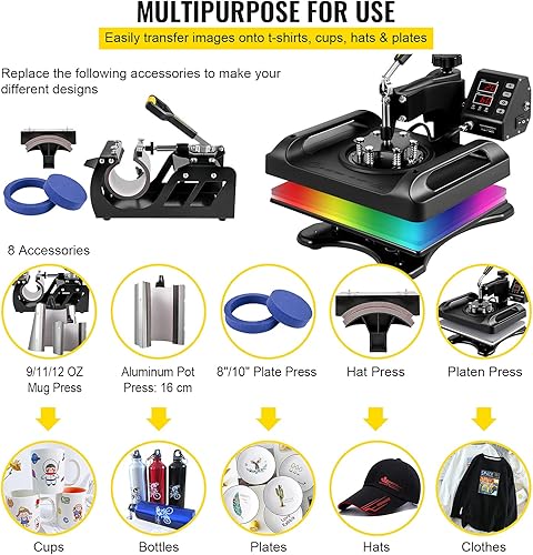 Miniatura 6 de VEVOR Máquina de prensa de calor para camisetas  Máquina de sublimación de prensa de calor 8 en 1 con rotación de 360, calentamiento de doble tubo,