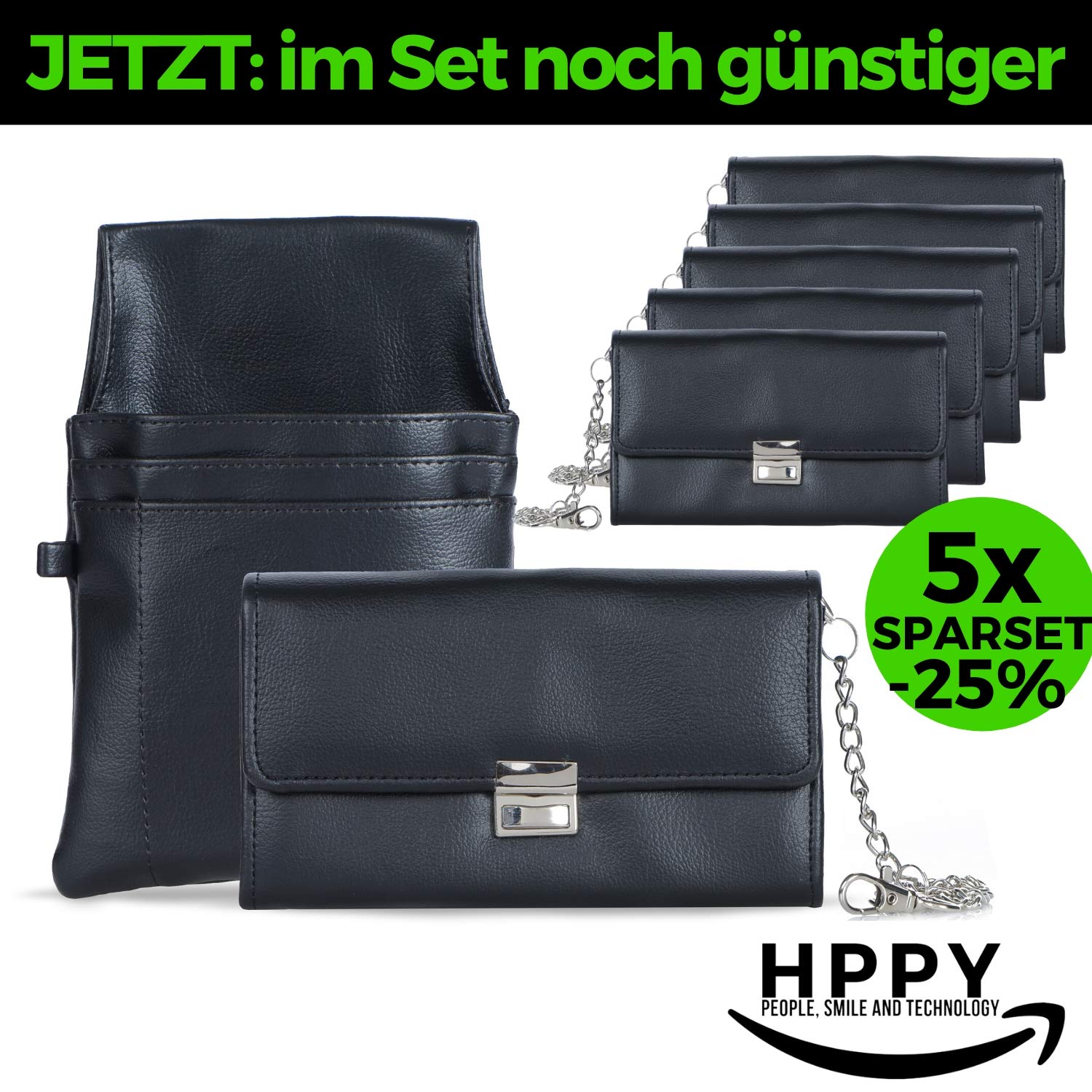 HPPY Aktion Sparset 3X Kellnerportemonnaie - Robusta cartera de camarero con funda, cadena y probador de dinero, bolsa de camarero para gastronomía y taxi, color negro