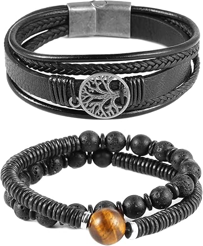 Miniatura 3 de HZMAN Pulseras de cuero genuino con diseño de árbol de la vida para hombres y mujeres, diseño de ojo de tigre, piedra natural, cuentas de roca