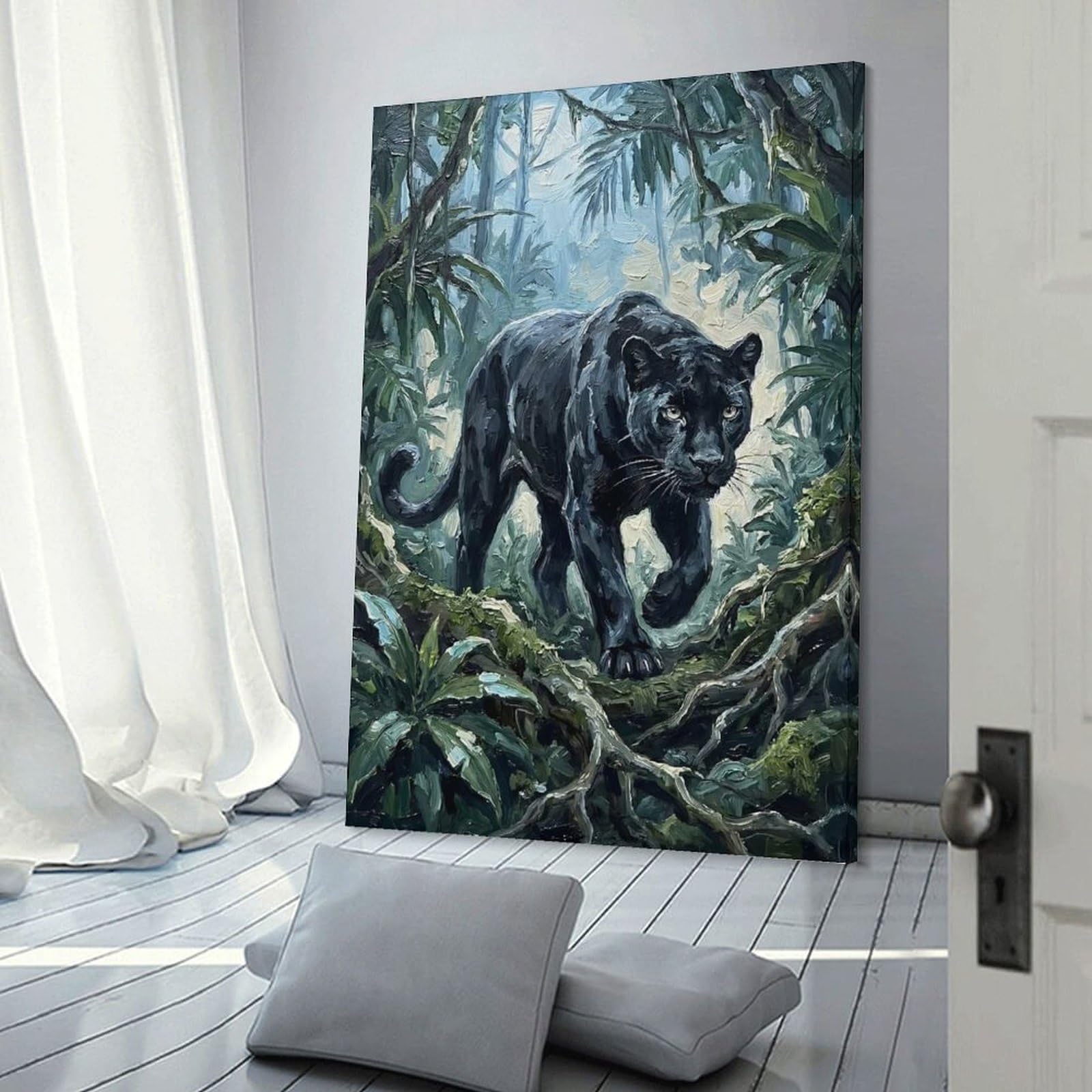 Junmoney Black Panther in A Lush Jungle Decorative Canvas Print 08x12inch(20x30cm), for Study, Office Or Focused Interiors, Wall Art That Adds Style to Work Areas